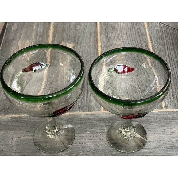Mexican Hand-Blown Margarita Glasses With Red Pepper Design Set Of 2 - Picture 2 of 7